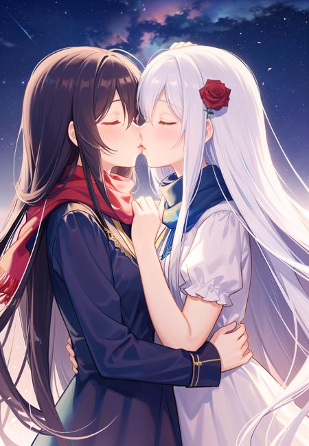 01494-3542368-multiple girls, 2girls, long hair, scarf, kiss, Twins, the girl on the left has white hair, the girl on the right has black hair.png